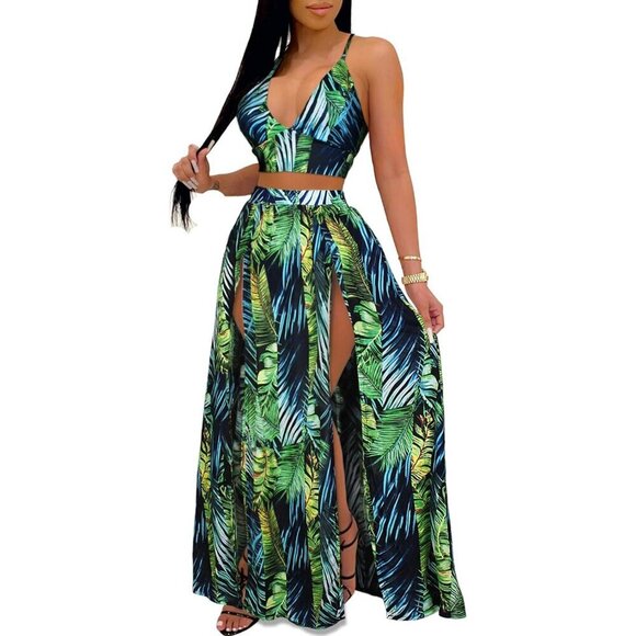 Dresses & Skirts - Women's Bohemian Chiffon 2 Piece Set Crop Cami Top & Maxi Dress Large